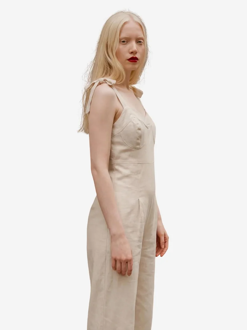 MY FASHION Beige Natural MY FASHION Sweetheart Neck Linen Blend Jumpsuit for Women | Best Price UAE